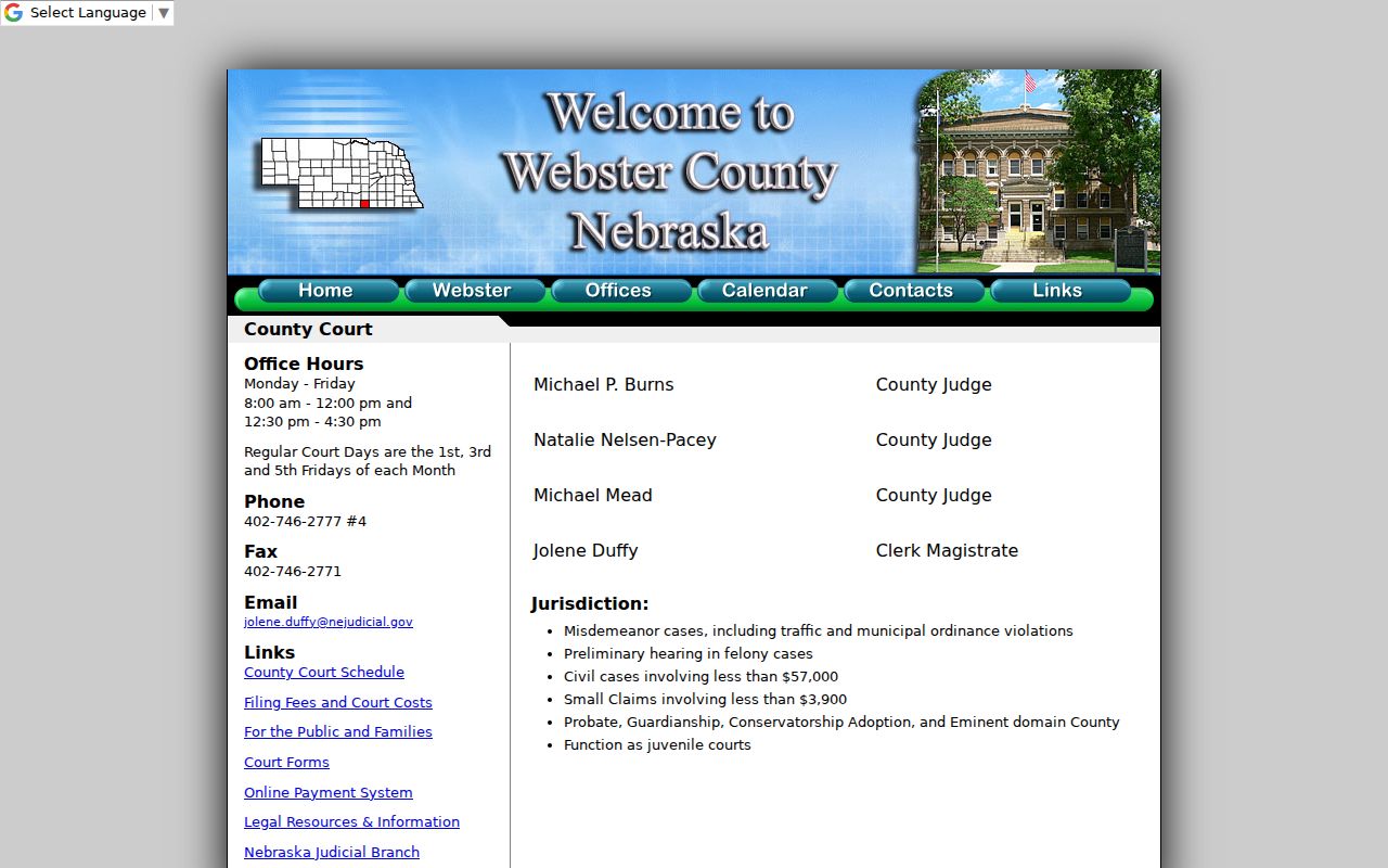 Webster County Court contact page for a warrant lookup