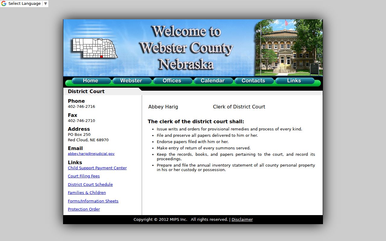 Webster County District Court clerk contact for outstanding warrant status