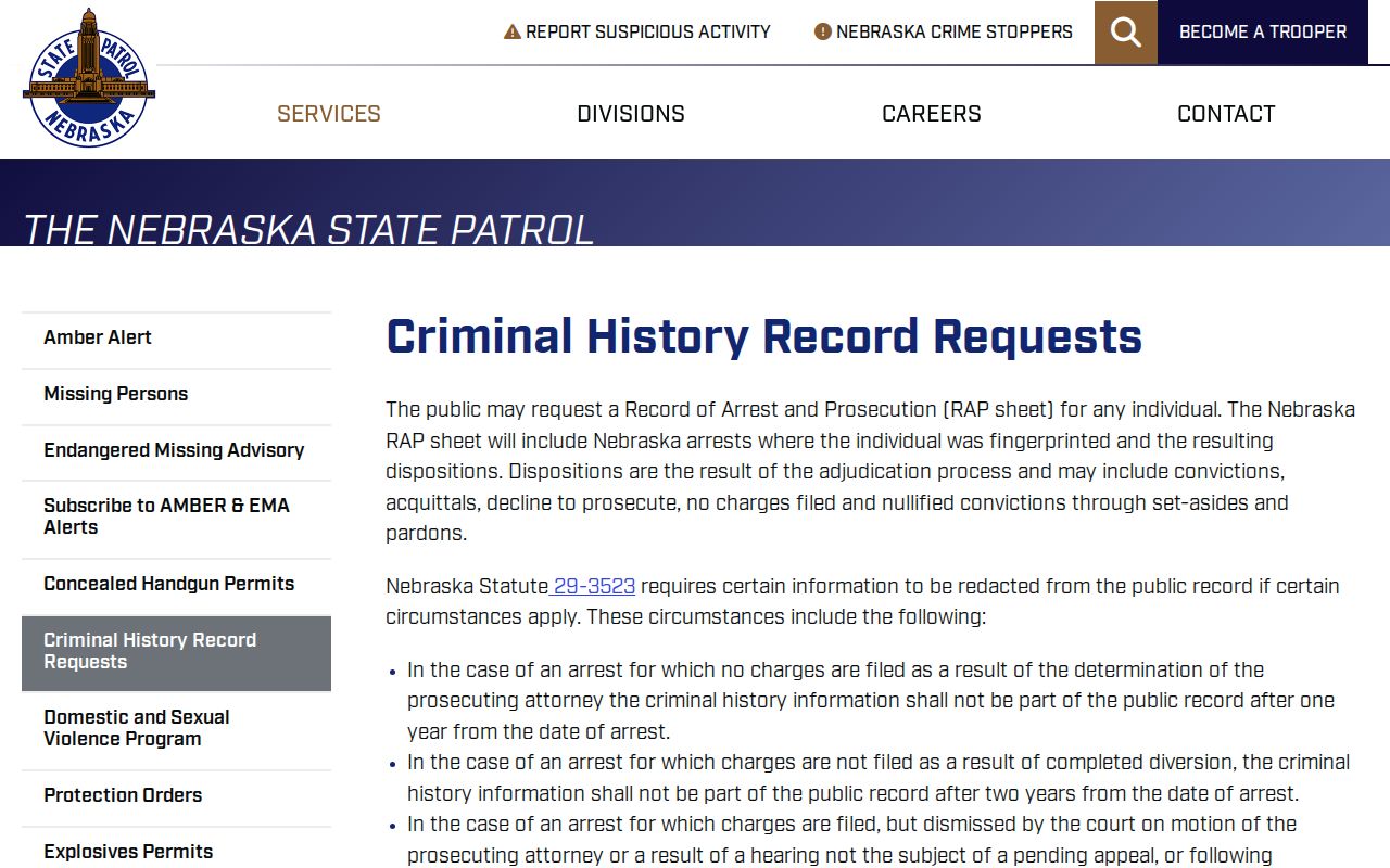 Nebraska State Patrol criminal-history request interface for arrest warrant research