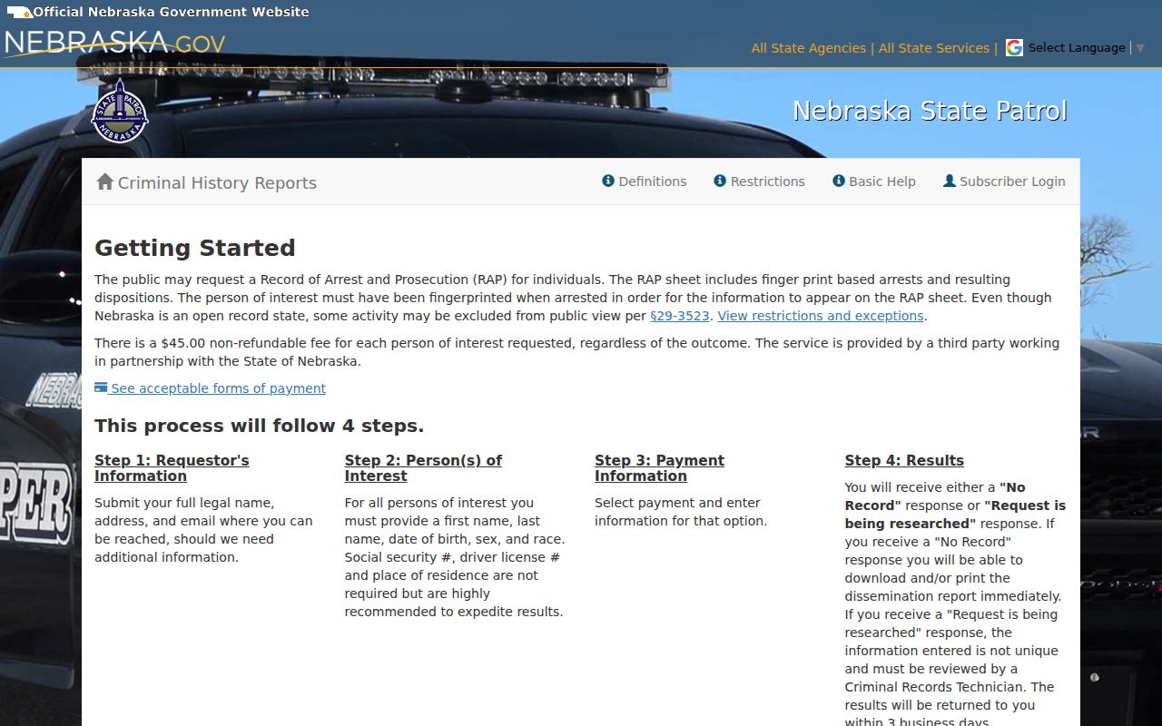 Official Nebraska records request interface relevant to Webster County arrest warrants