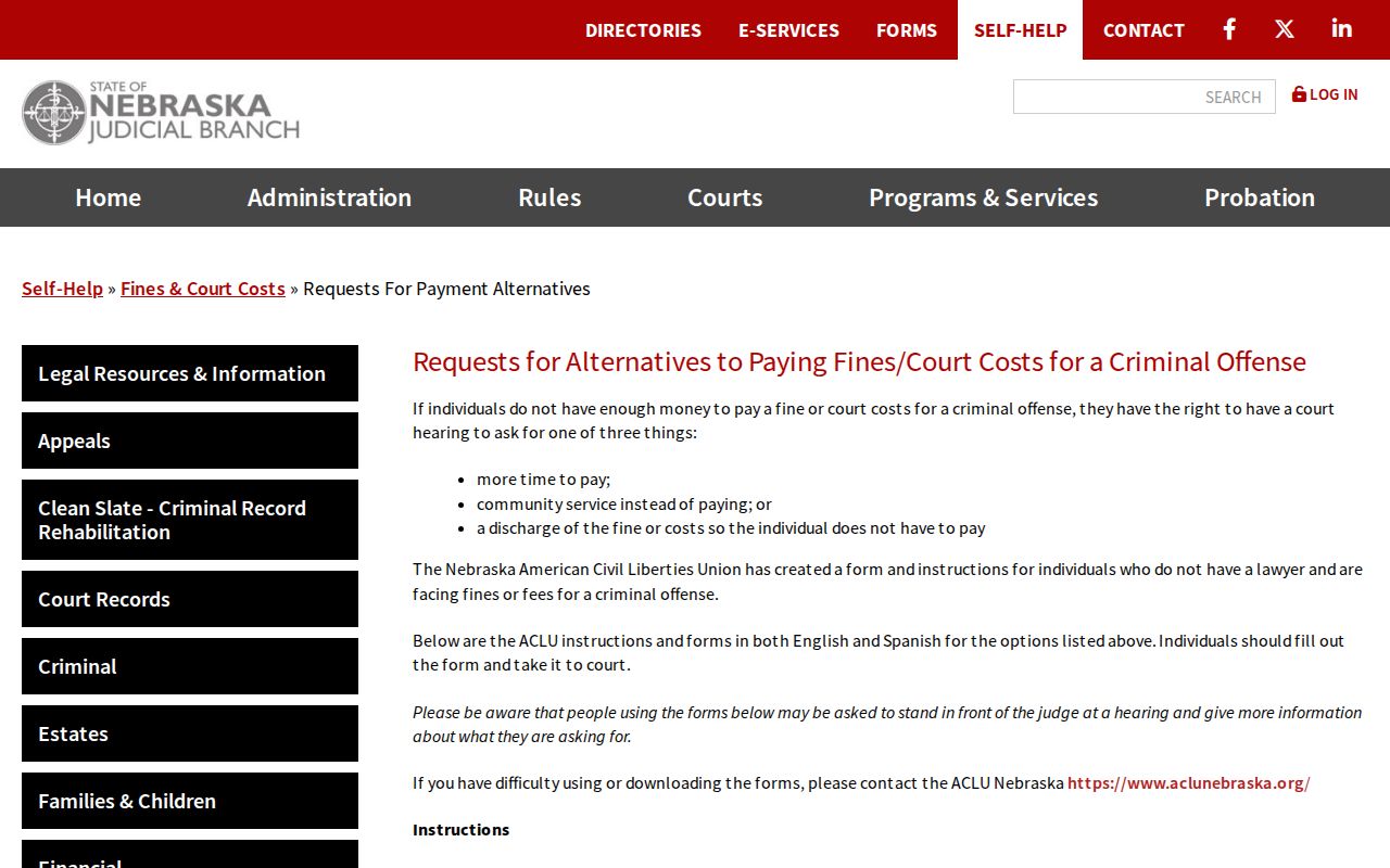 Nebraska court payment-alternative guidance for a Webster County traffic warrant