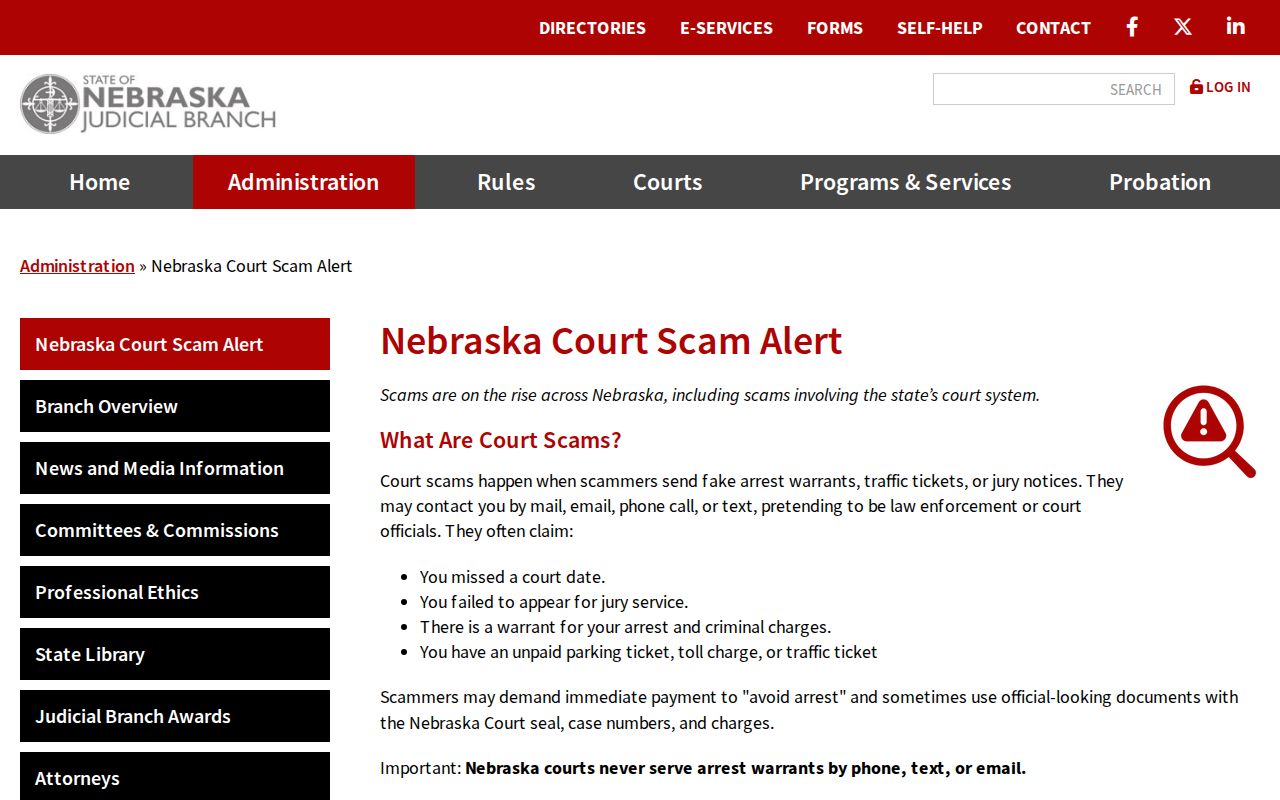 Nebraska court scam warning for Webster County arrest warrant verification