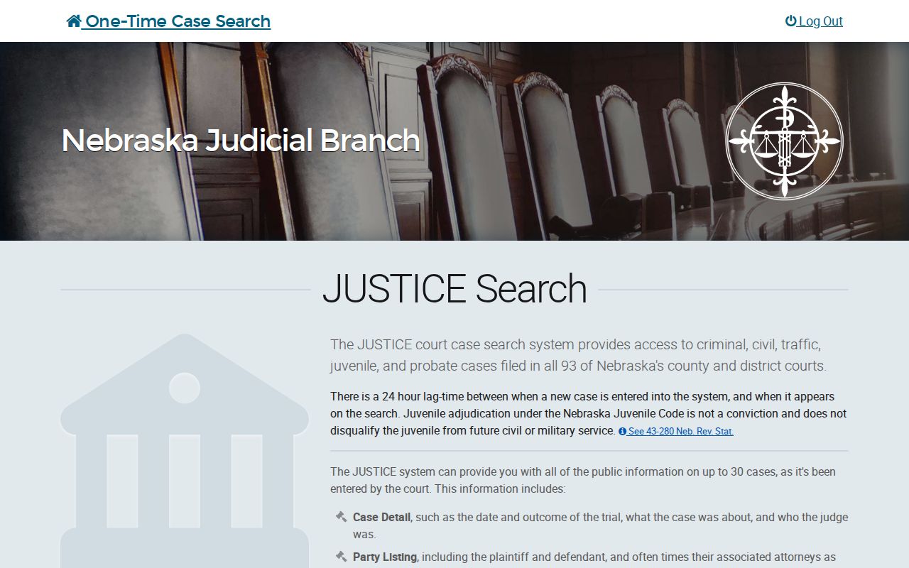 Official Nebraska JUSTICE search landing page for Webster County public case records